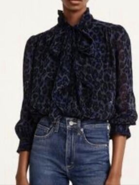 kate spade Navy and Black Leopard Tie-Neck Blouse...size:XS